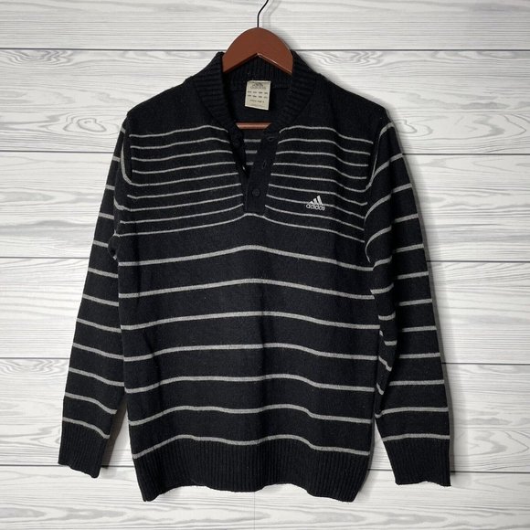 VTG Adidas Wool Blend Black White Striped Button Neck Pullover Sweater Small - Picture 1 of 7